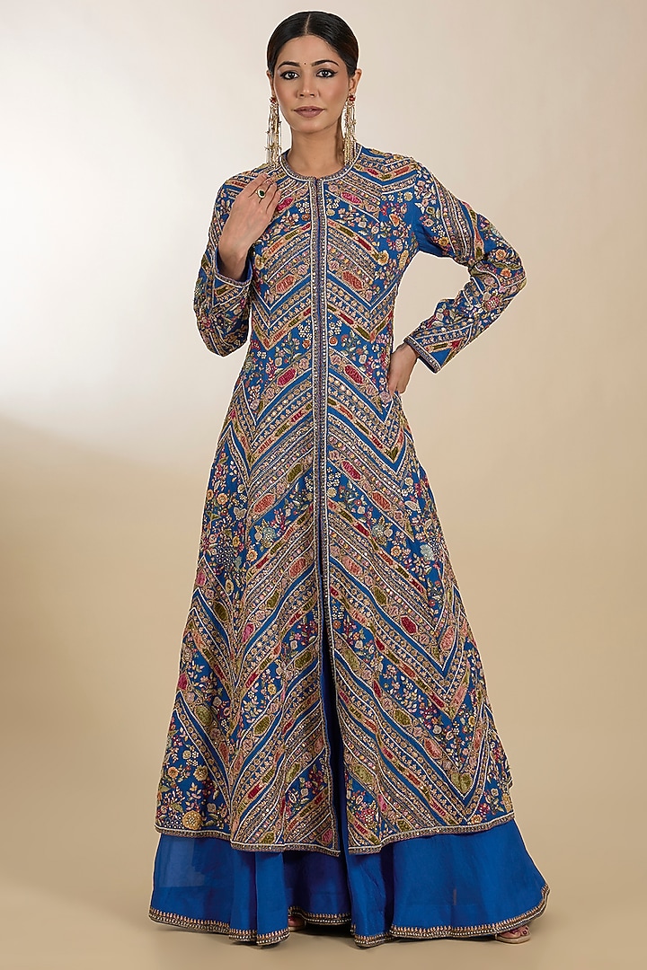 Blue Chanderi Patchwork Aari Embroidered Jacket Set by Petticoat Lane at Pernia's Pop Up Shop