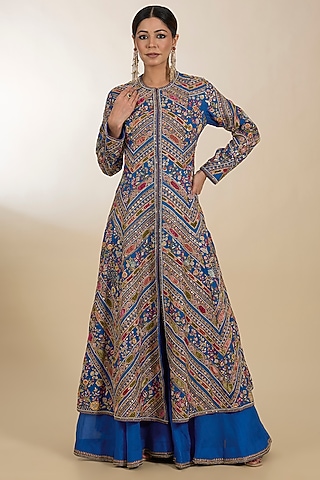 Blue Chanderi Patchwork Aari Embroidered Jacket Set by Petticoat Lane