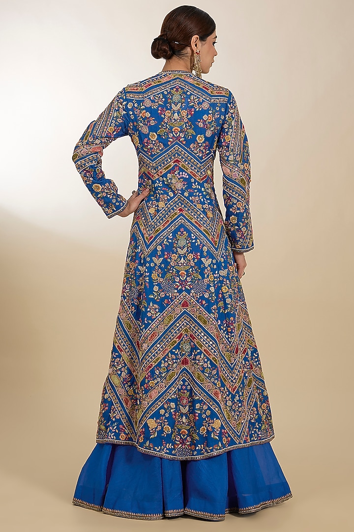 Blue Chanderi Patchwork Aari Embroidered Jacket Set by Petticoat Lane at Pernia's Pop Up Shop