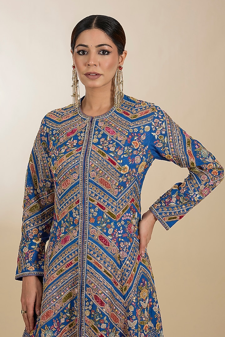 Blue Chanderi Patchwork Aari Embroidered Jacket Set by Petticoat Lane at Pernia's Pop Up Shop