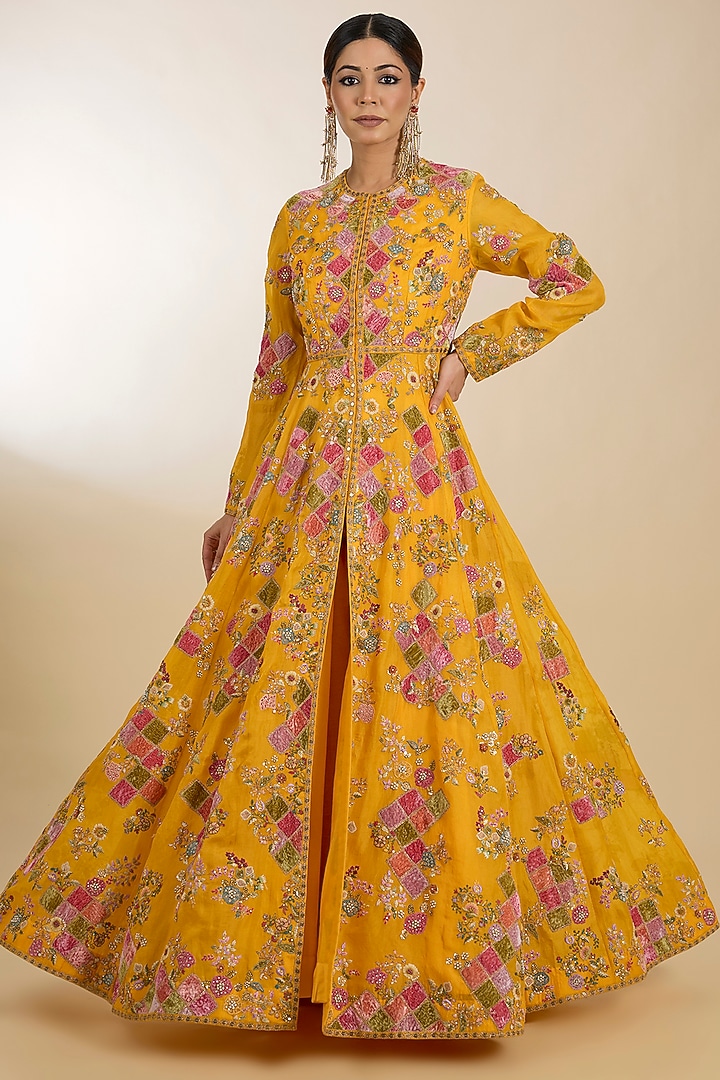 Yellow Organza Patchwork Front Open Kalidar Bridal Anarkali Set by Petticoat Lane at Pernia's Pop Up Shop