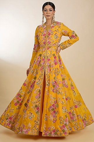 Yellow Organza Patchwork Front Open Kalidar Anarkali Set by Petticoat Lane