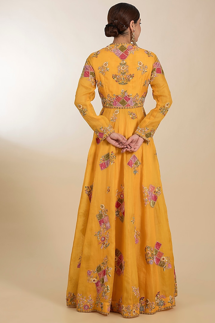 Yellow Organza Patchwork Front Open Kalidar Bridal Anarkali Set by Petticoat Lane at Pernia's Pop Up Shop