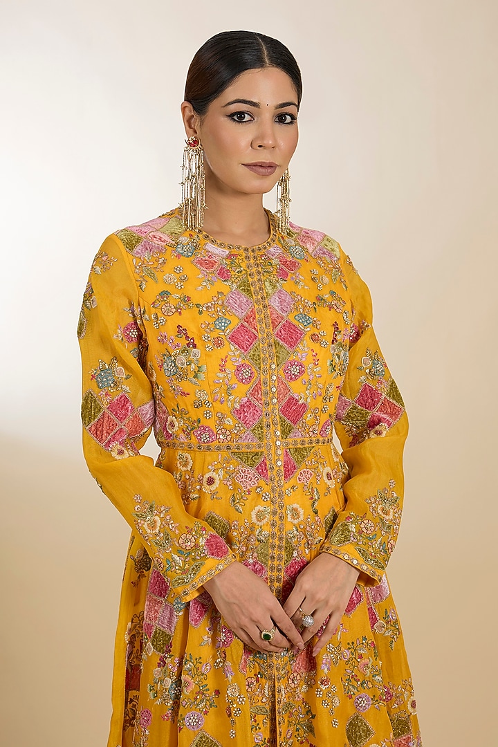 Yellow Organza Patchwork Front Open Kalidar Bridal Anarkali Set by Petticoat Lane at Pernia's Pop Up Shop