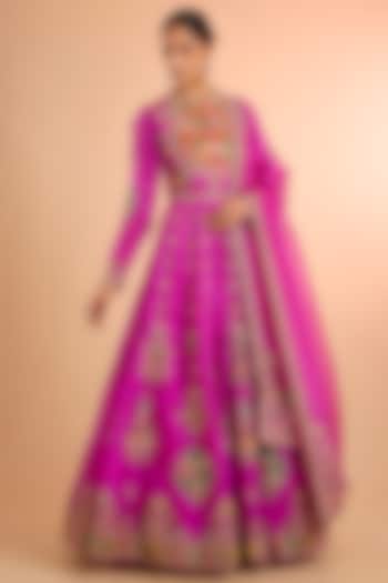 Fuchsia Pink Organza Bridal Anarkali Set by Petticoat Lane at Pernia's Pop Up Shop