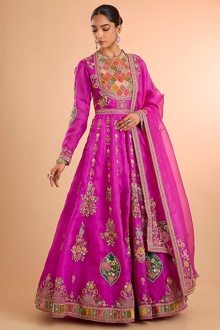 Fuchsia Pink Organza Bridal Anarkali Set by Petticoat Lane at Pernia's Pop Up Shop