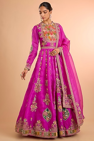 Fuchsia Pink Organza Anarkali Set by Petticoat Lane
