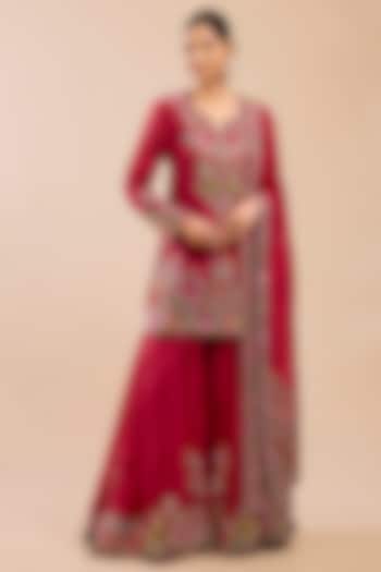 Red Chanderi Silk Patchwork Bridal Sharara Set by Petticoat Lane at Pernia's Pop Up Shop