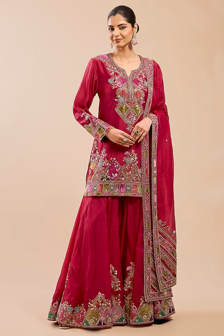 Red Chanderi Silk Patchwork Bridal Sharara Set by Petticoat Lane at Pernia's Pop Up Shop