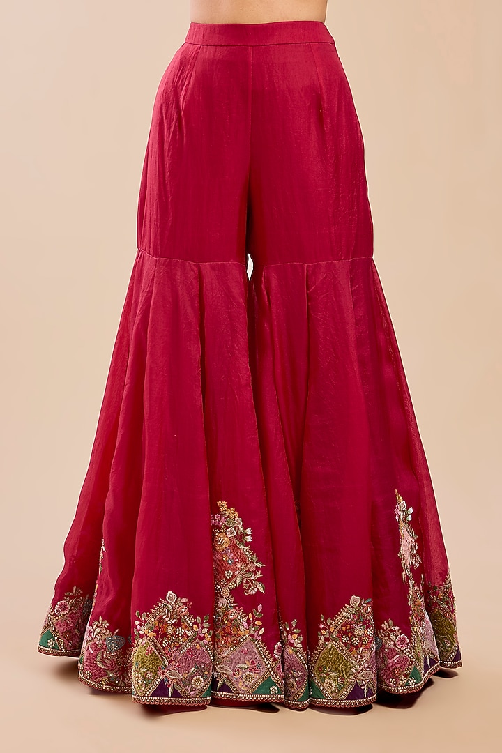 Red Chanderi Silk Patchwork Bridal Sharara Set by Petticoat Lane at Pernia's Pop Up Shop