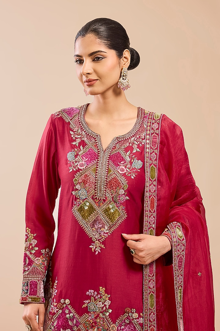 Red Chanderi Silk Patchwork Bridal Sharara Set by Petticoat Lane at Pernia's Pop Up Shop