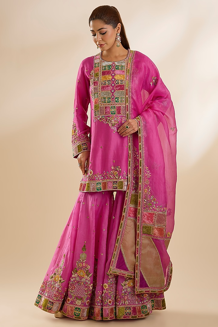 Fuchsia Chanderi Silk Embroidered Bridal Sharara Set by Petticoat Lane at Pernia's Pop Up Shop