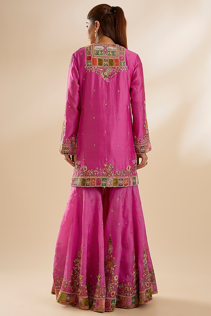 Fuchsia Chanderi Silk Embroidered Bridal Sharara Set by Petticoat Lane at Pernia's Pop Up Shop