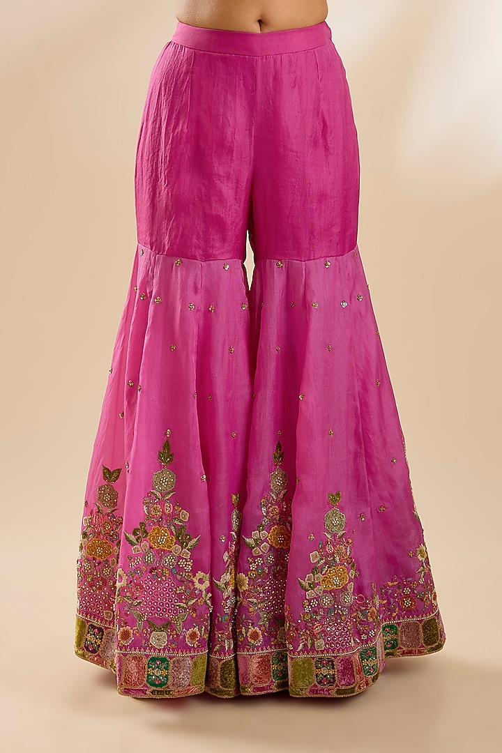 Fuchsia Chanderi Silk Embroidered Bridal Sharara Set by Petticoat Lane at Pernia's Pop Up Shop