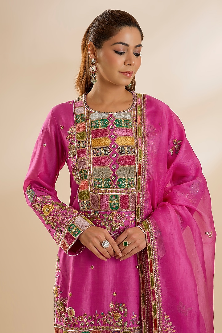Fuchsia Chanderi Silk Embroidered Bridal Sharara Set by Petticoat Lane at Pernia's Pop Up Shop
