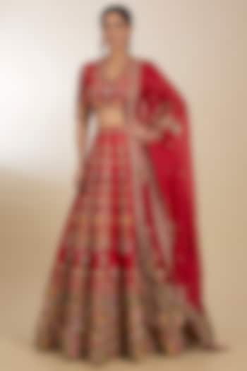 Red Raw Silk Boota Embroidered Bridal Lehenga Set by Petticoat Lane at Pernia's Pop Up Shop