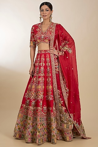 Red Raw Silk Boota Embroidered Lehenga Set by Petticoat Lane