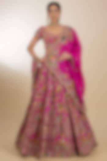 Fuchsia Raw Silk Patchwork Bridal Lehenga Set by Petticoat Lane at Pernia's Pop Up Shop
