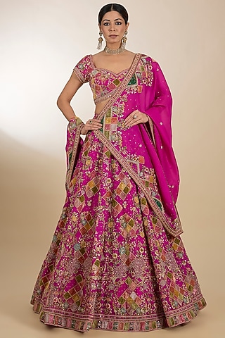 Fuchsia Raw Silk Patchwork Lehenga Set by Petticoat Lane
