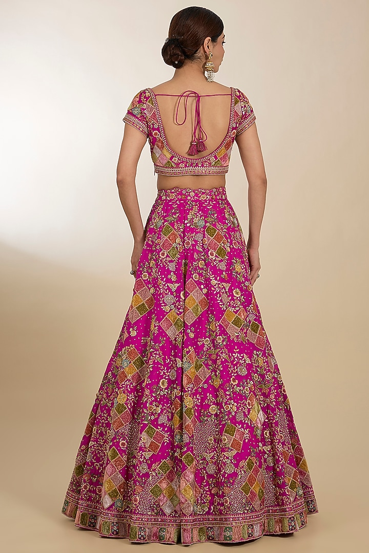 Fuchsia Raw Silk Patchwork Bridal Lehenga Set by Petticoat Lane at Pernia's Pop Up Shop