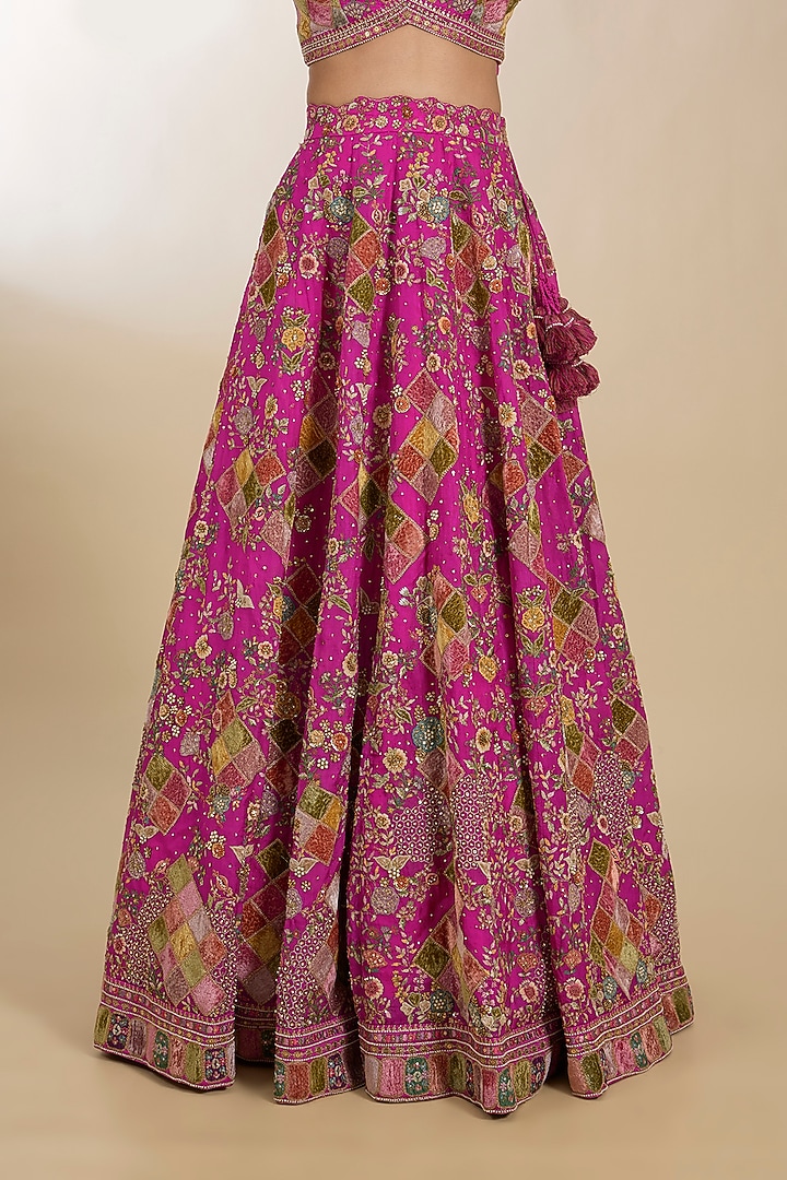 Fuchsia Raw Silk Patchwork Bridal Lehenga Set by Petticoat Lane at Pernia's Pop Up Shop
