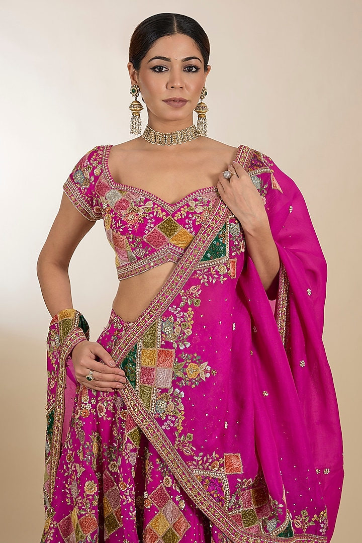 Fuchsia Raw Silk Patchwork Bridal Lehenga Set by Petticoat Lane at Pernia's Pop Up Shop