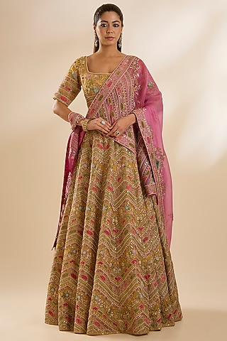 Mustard Raw Silk Embroidered Lehenga Set by Petticoat Lane