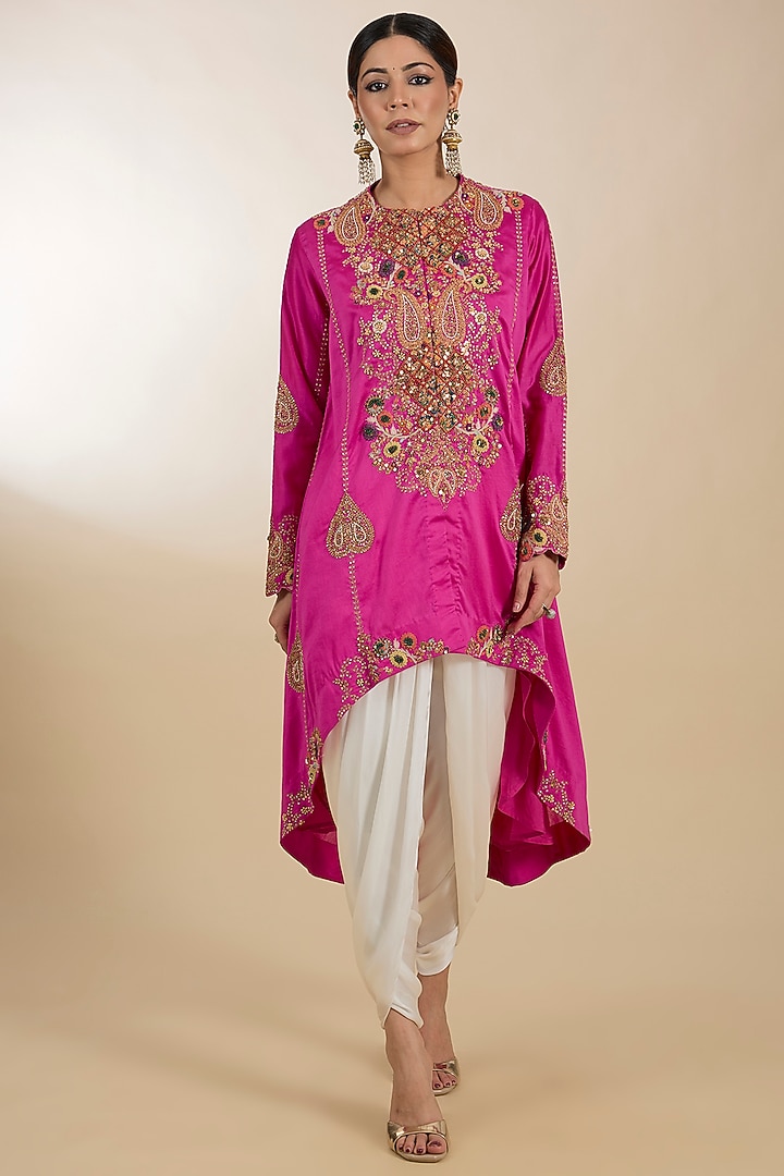 Fuchsia Chanderi Hand Embroidered Asymmetrical Kurta Set by Petticoat Lane at Pernia's Pop Up Shop