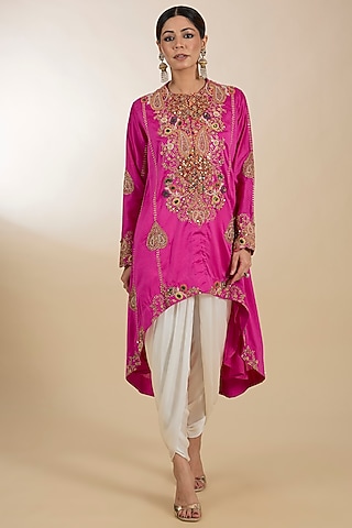 Fuchsia Chanderi Hand Embroidered Asymmetrical Kurta Set by Petticoat Lane