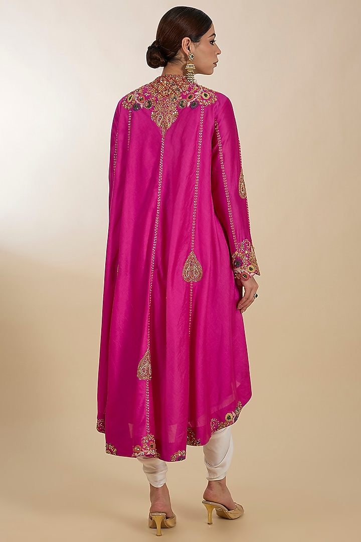 Fuchsia Chanderi Hand Embroidered Asymmetrical Kurta Set by Petticoat Lane at Pernia's Pop Up Shop