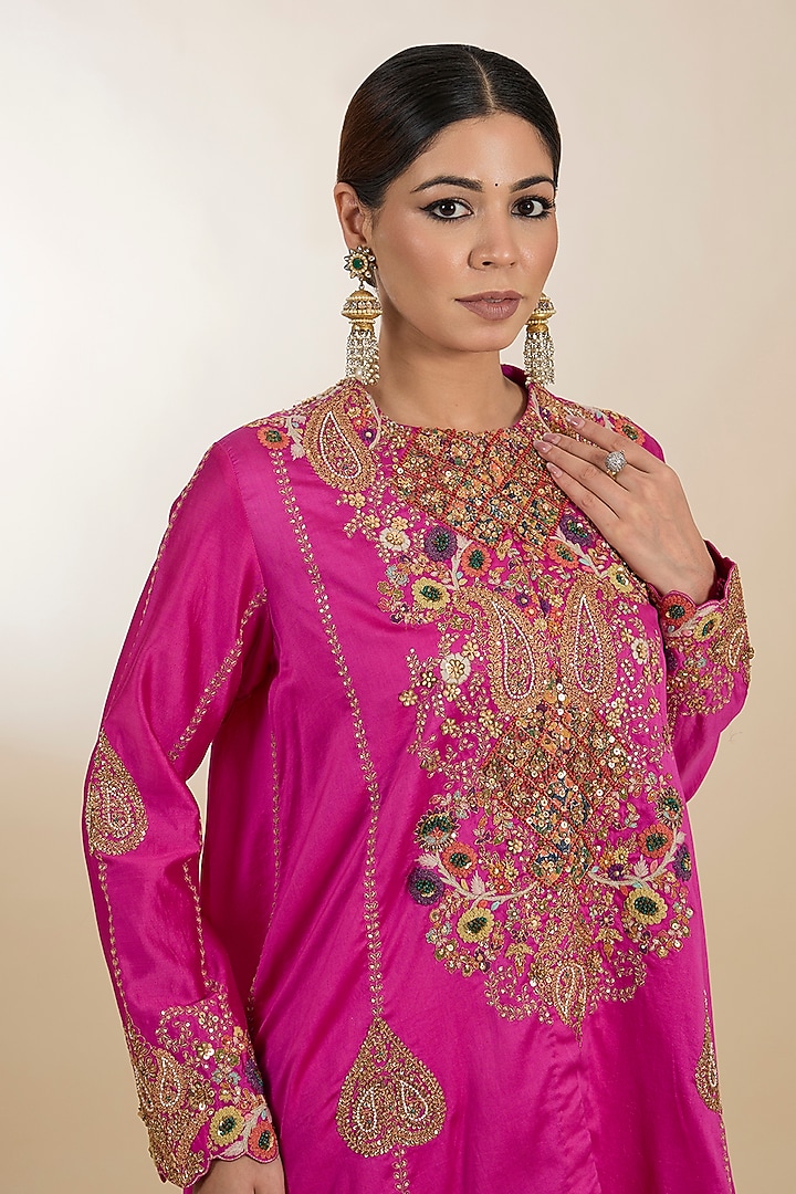 Fuchsia Chanderi Hand Embroidered Asymmetrical Kurta Set by Petticoat Lane at Pernia's Pop Up Shop