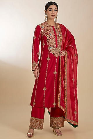 Red Chanderi Hand Embroidered Kurta Set by Petticoat Lane