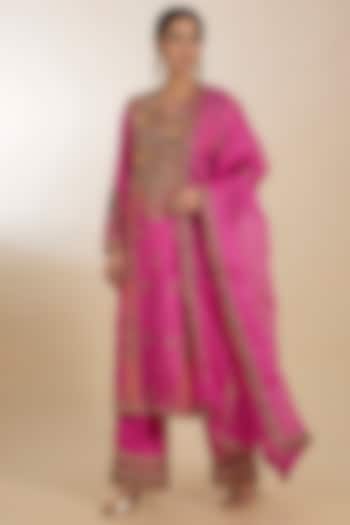 Fuchsia Silk & Chanderi Patchwork A-Line Kurta Set by Petticoat Lane at Pernia's Pop Up Shop