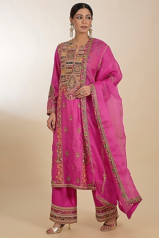 Fuchsia Silk & Chanderi Patchwork A-Line Kurta Set by Petticoat Lane