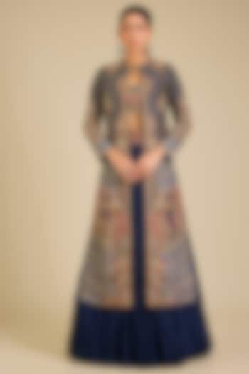 Blue Chanderi & Dupion Jacket Bridal Lehenga Set by Petticoat Lane at Pernia's Pop Up Shop
