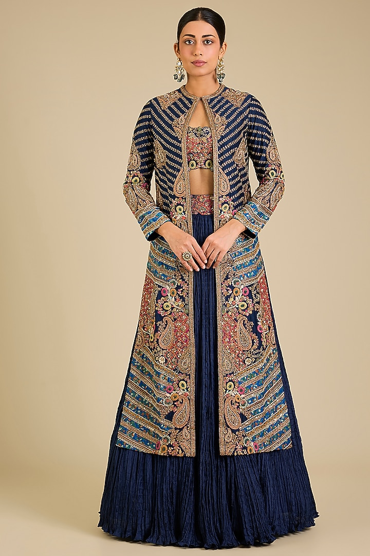 Blue Chanderi & Dupion Jacket Bridal Lehenga Set by Petticoat Lane at Pernia's Pop Up Shop