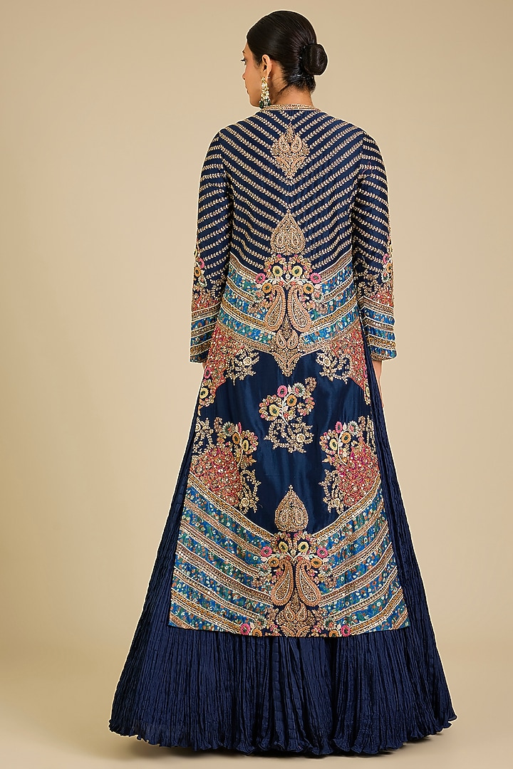 Blue Chanderi & Dupion Jacket Bridal Lehenga Set by Petticoat Lane at Pernia's Pop Up Shop