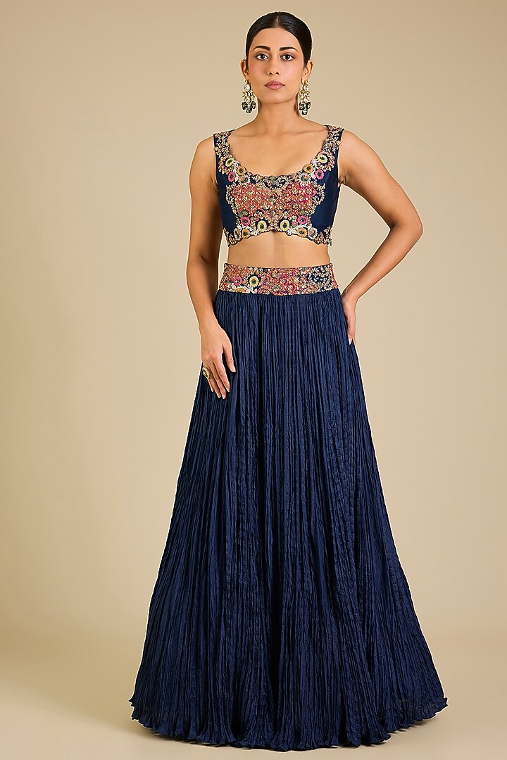 Blue Chanderi & Dupion Jacket Bridal Lehenga Set by Petticoat Lane at Pernia's Pop Up Shop