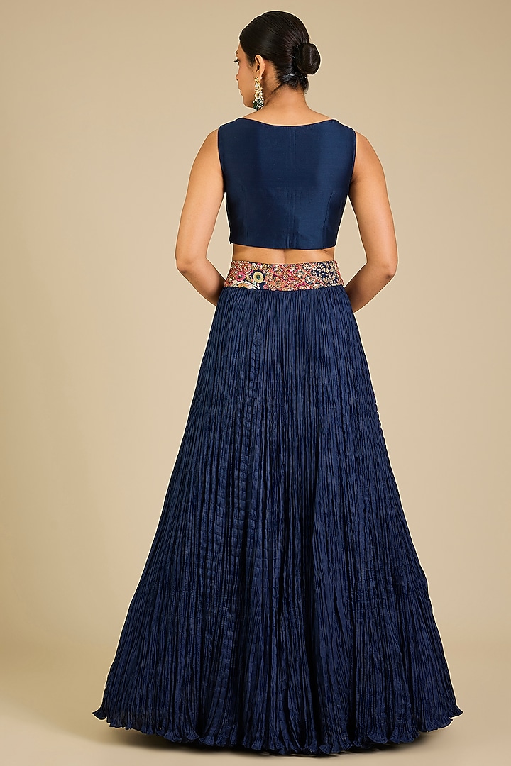 Blue Chanderi & Dupion Jacket Bridal Lehenga Set by Petticoat Lane at Pernia's Pop Up Shop