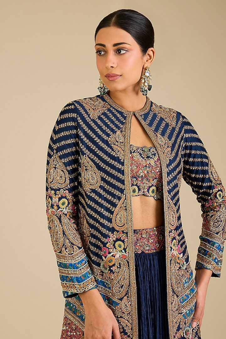 Blue Chanderi & Dupion Jacket Bridal Lehenga Set by Petticoat Lane at Pernia's Pop Up Shop
