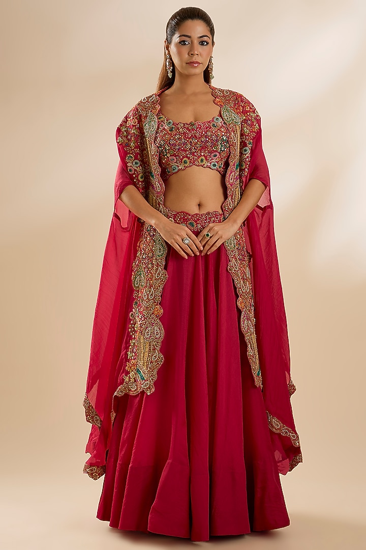 Red Chanderi & Organza Embroidered Cape Set by Petticoat Lane at Pernia's Pop Up Shop