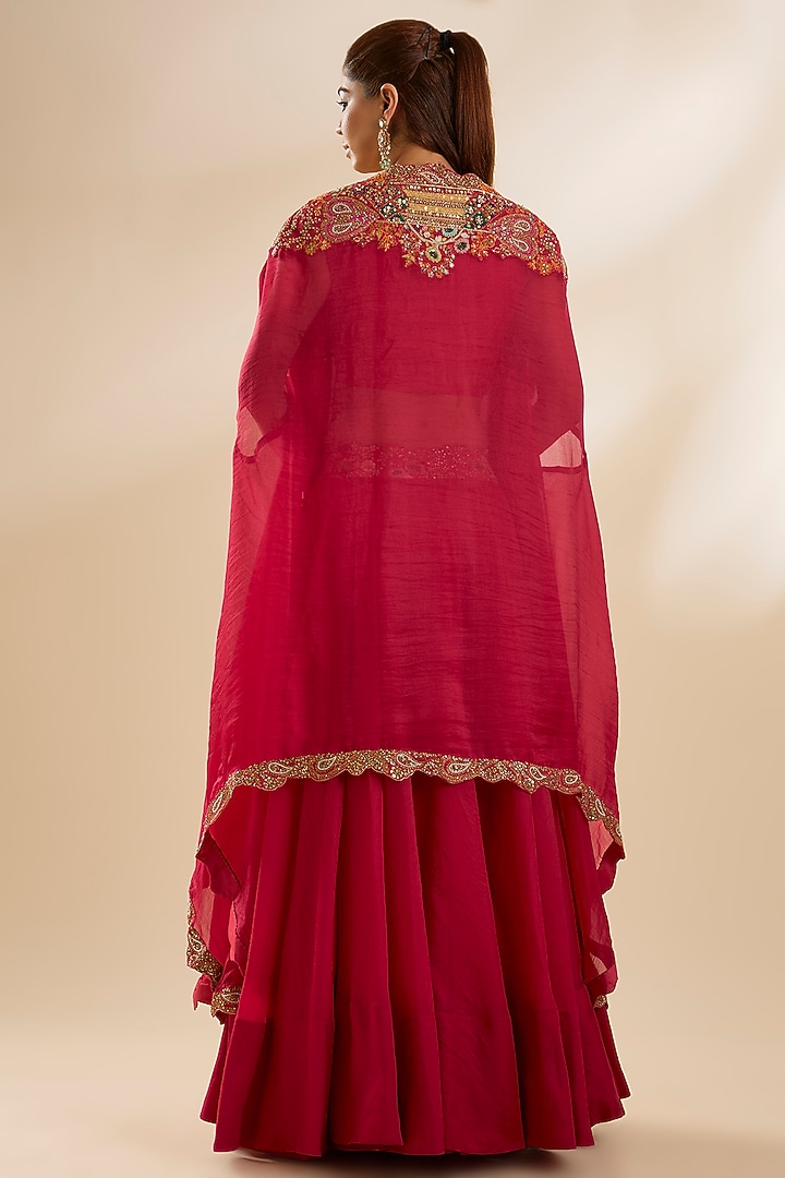 Red Chanderi & Organza Embroidered Cape Set by Petticoat Lane at Pernia's Pop Up Shop