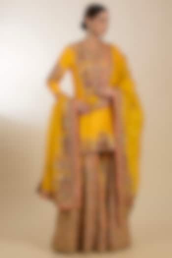 Yellow Chanderi Hand Embroidered Bridal Sharara Set by Petticoat Lane at Pernia's Pop Up Shop