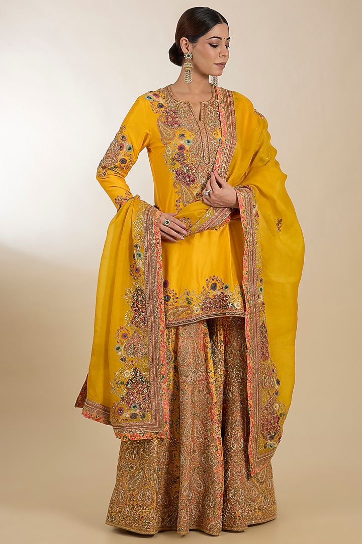 Yellow Chanderi Hand Embroidered Bridal Sharara Set by Petticoat Lane at Pernia's Pop Up Shop