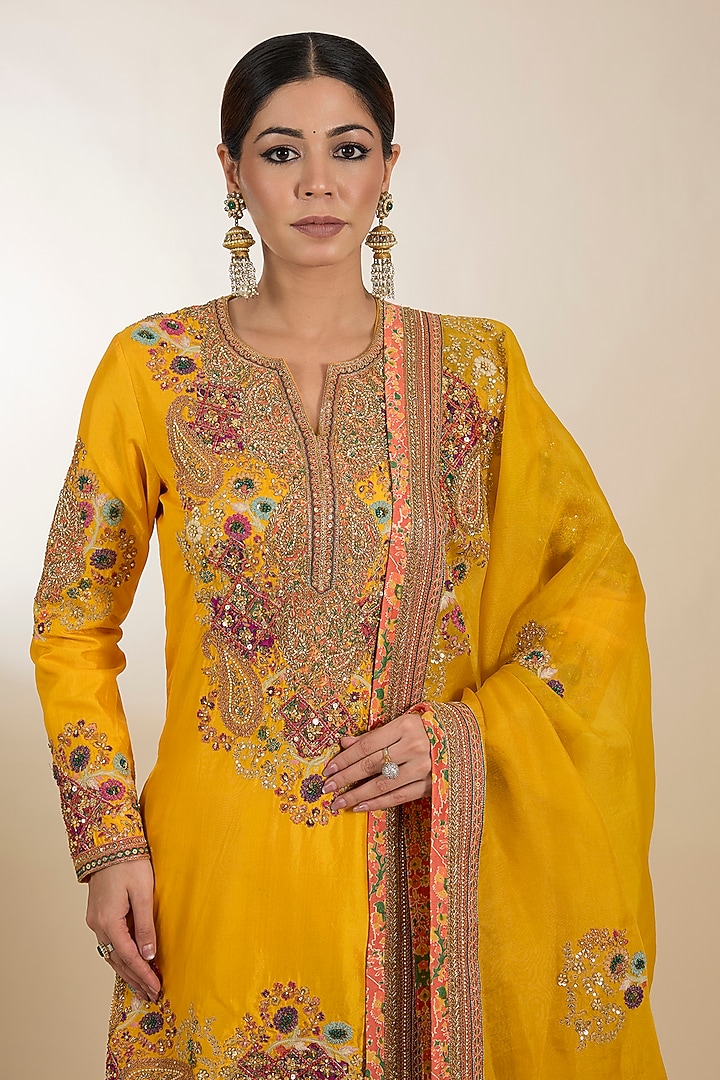 Yellow Chanderi Hand Embroidered Bridal Sharara Set by Petticoat Lane at Pernia's Pop Up Shop