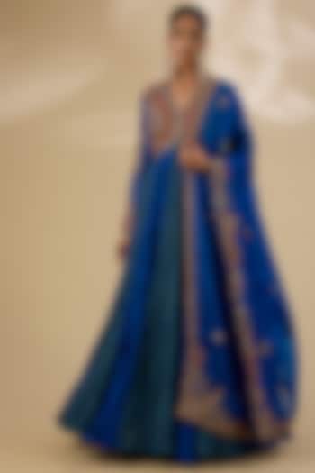 Blue Chanderi Embroidered Crushed Bridal Anarkali Set by Petticoat Lane at Pernia's Pop Up Shop