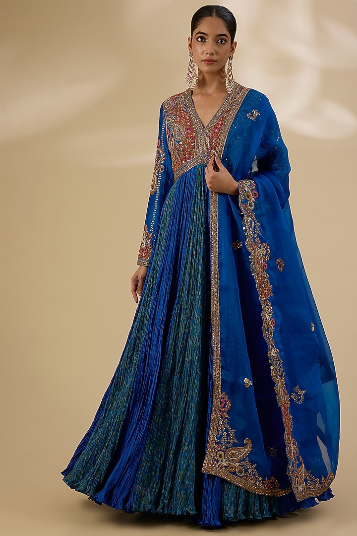Blue Chanderi Embroidered Crushed Bridal Anarkali Set by Petticoat Lane at Pernia's Pop Up Shop