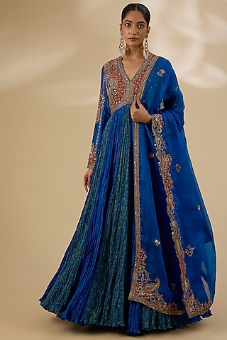 blue and gold anarkali dress Buy Libas Art Blue Embroidered Silk Anarkali Suit Set With Palazzos Online  in USA at $136.00 main image 1