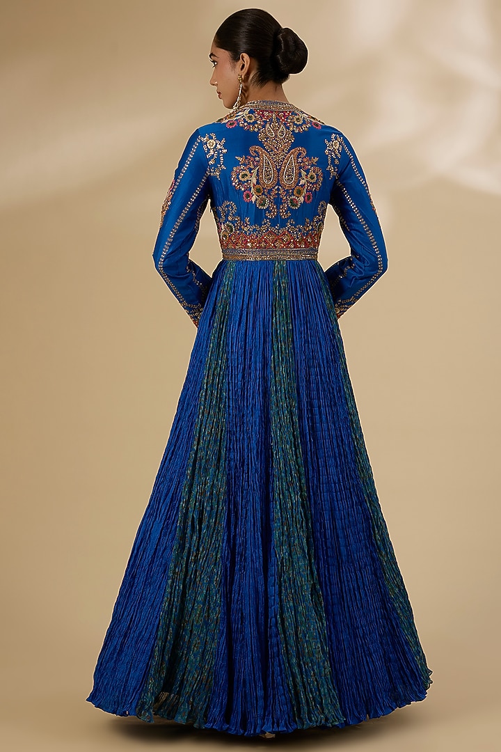 Blue Chanderi Embroidered Crushed Bridal Anarkali Set by Petticoat Lane at Pernia's Pop Up Shop