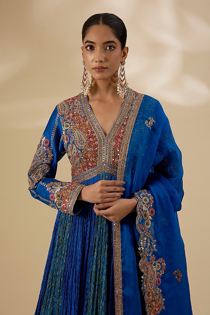 Blue Chanderi Embroidered Crushed Bridal Anarkali Set by Petticoat Lane at Pernia's Pop Up Shop